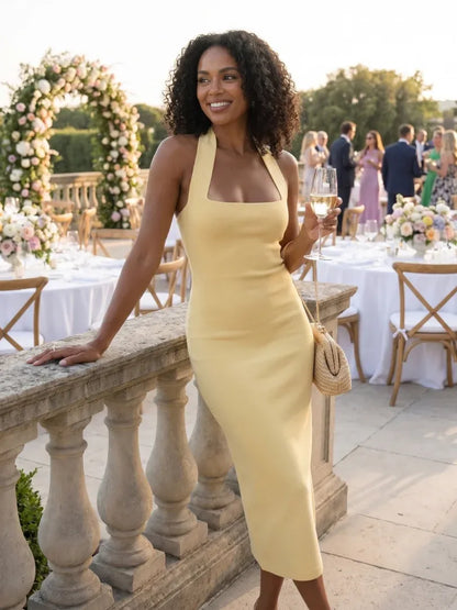 Women’s Elegant Square Neck Midi Wedding Guest Dress with Halter Neck