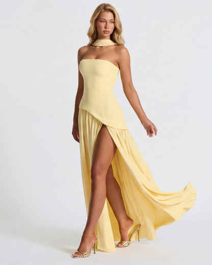 Women's Elegant Strapless Maxi Wedding Guest Dress with Slit