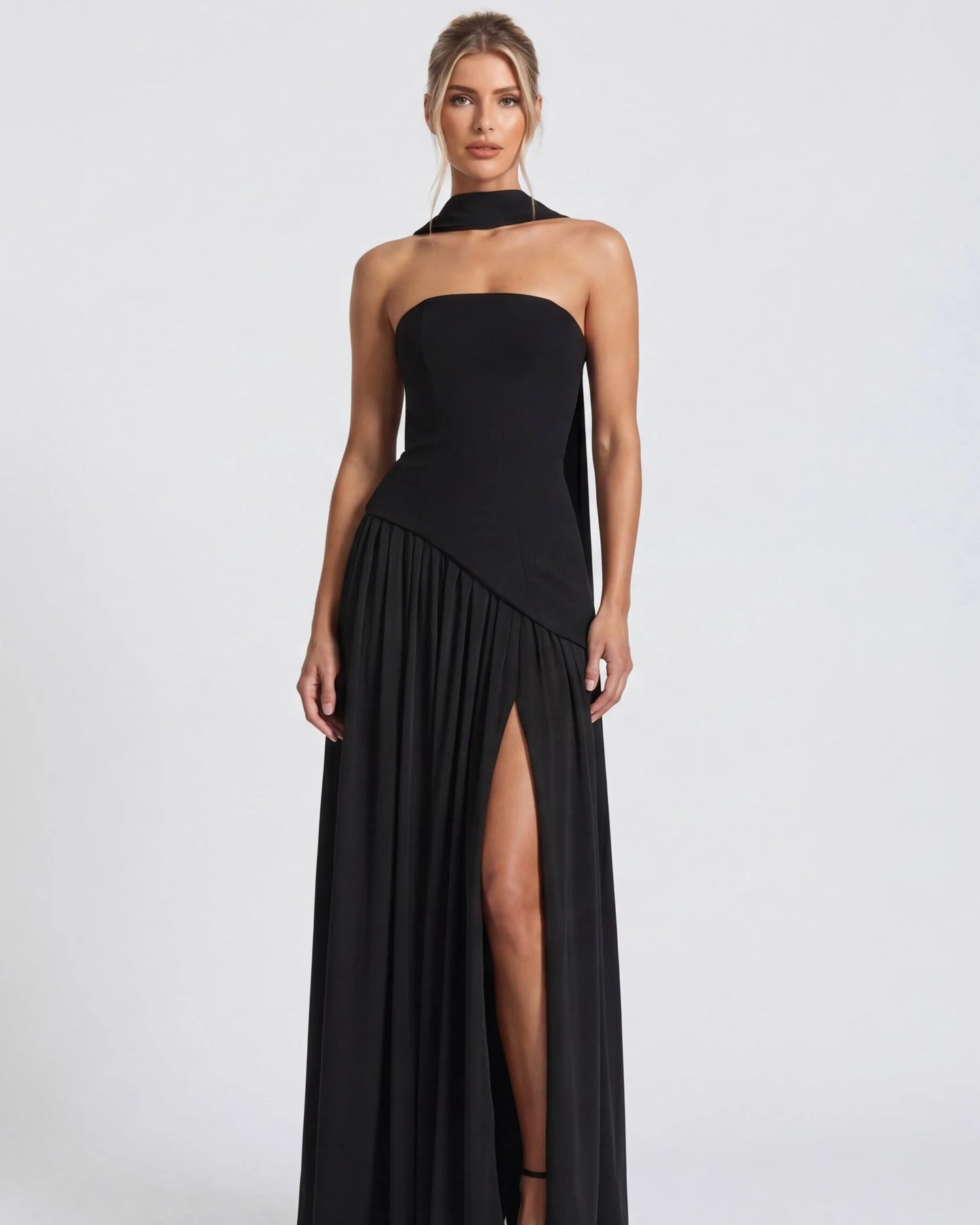 Women's Elegant Strapless Maxi Wedding Guest Dress with Slit