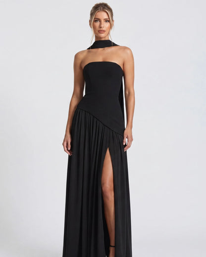 Women's Elegant Strapless Maxi Wedding Guest Dress with Slit
