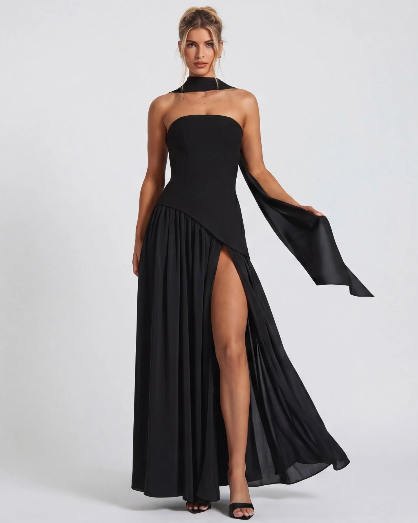 Women's Elegant Strapless Maxi Wedding Guest Dress with Slit