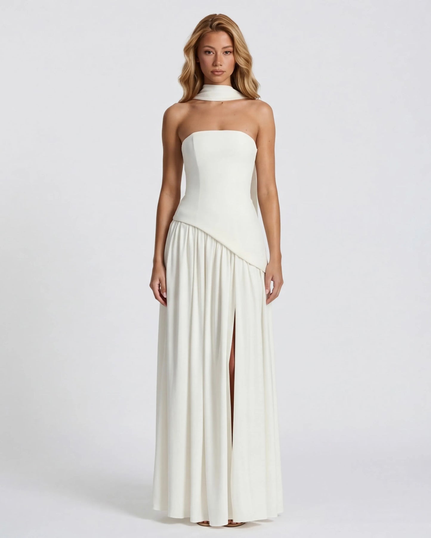 Women's Elegant Strapless Maxi Wedding Guest Dress with Slit