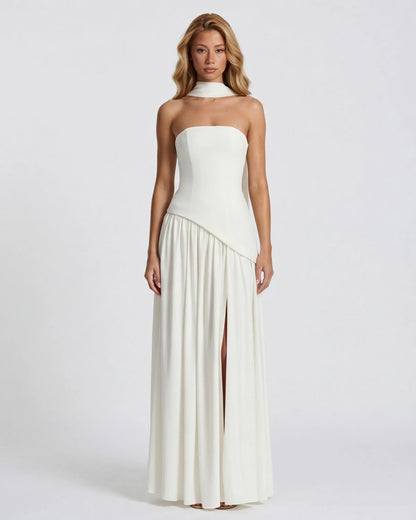 Women's Elegant Strapless Maxi Wedding Guest Dress with Slit