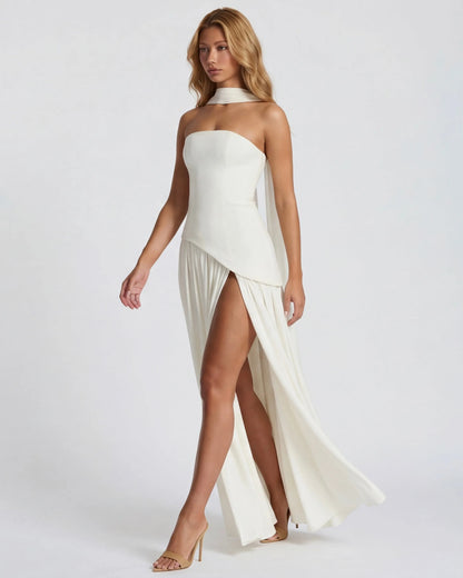 Women's Elegant Strapless Maxi Wedding Guest Dress with Slit