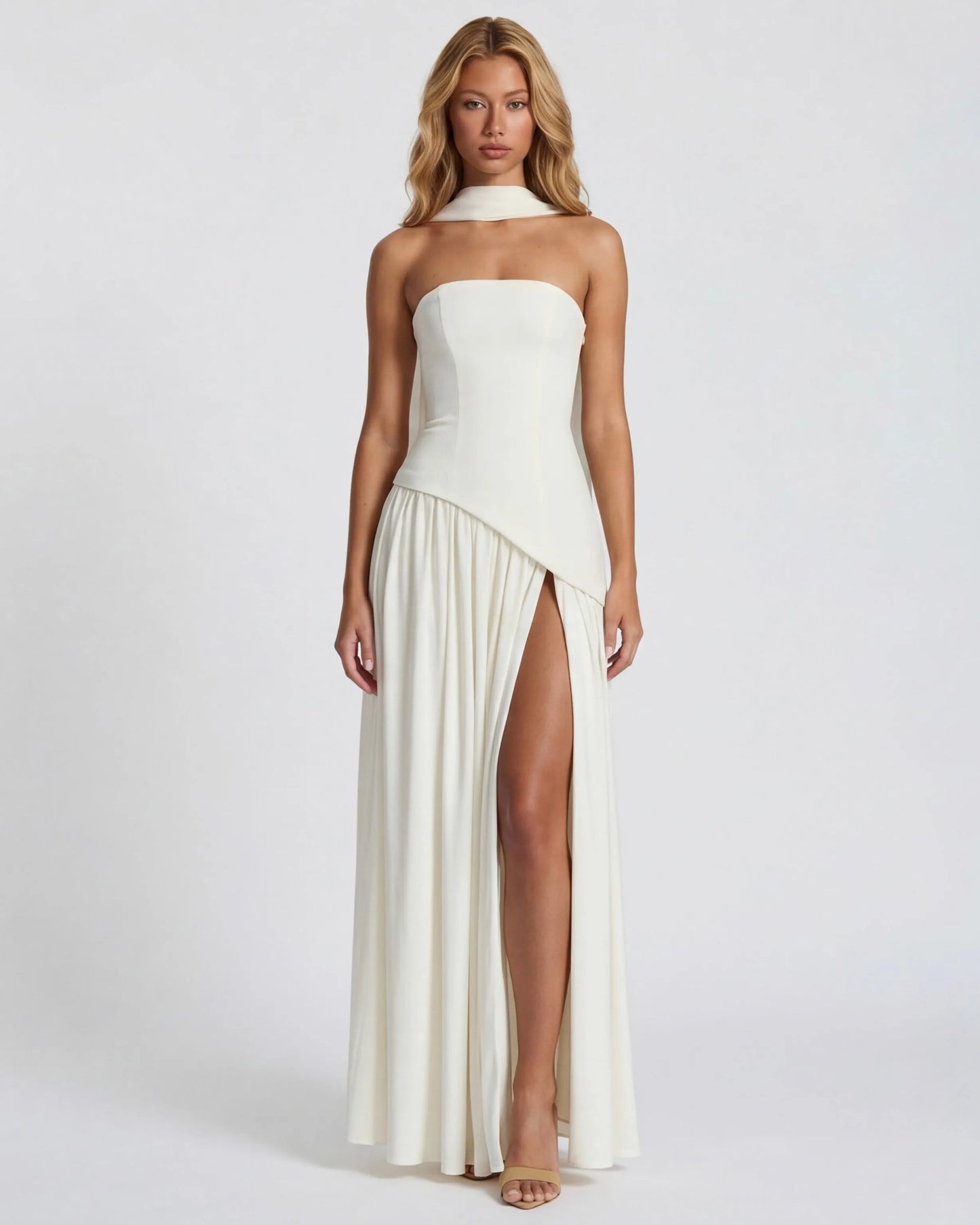 Women's Elegant Strapless Maxi Wedding Guest Dress with Slit