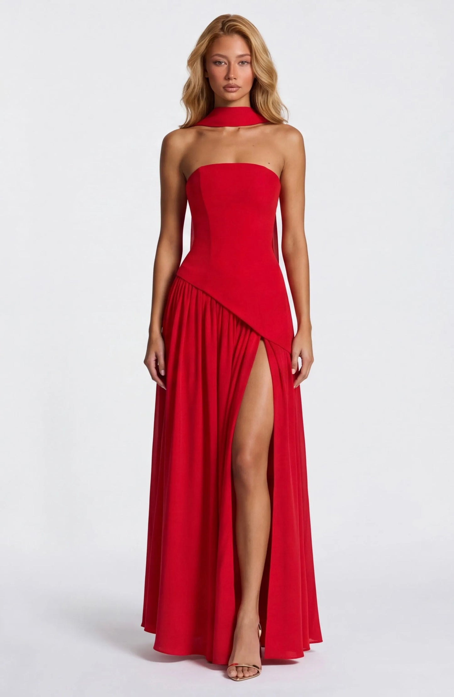 Women's Elegant Strapless Maxi Wedding Guest Dress with Slit