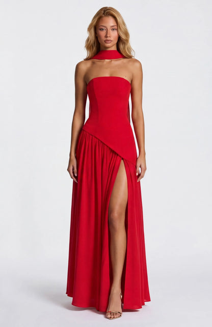 Women's Elegant Strapless Maxi Wedding Guest Dress with Slit