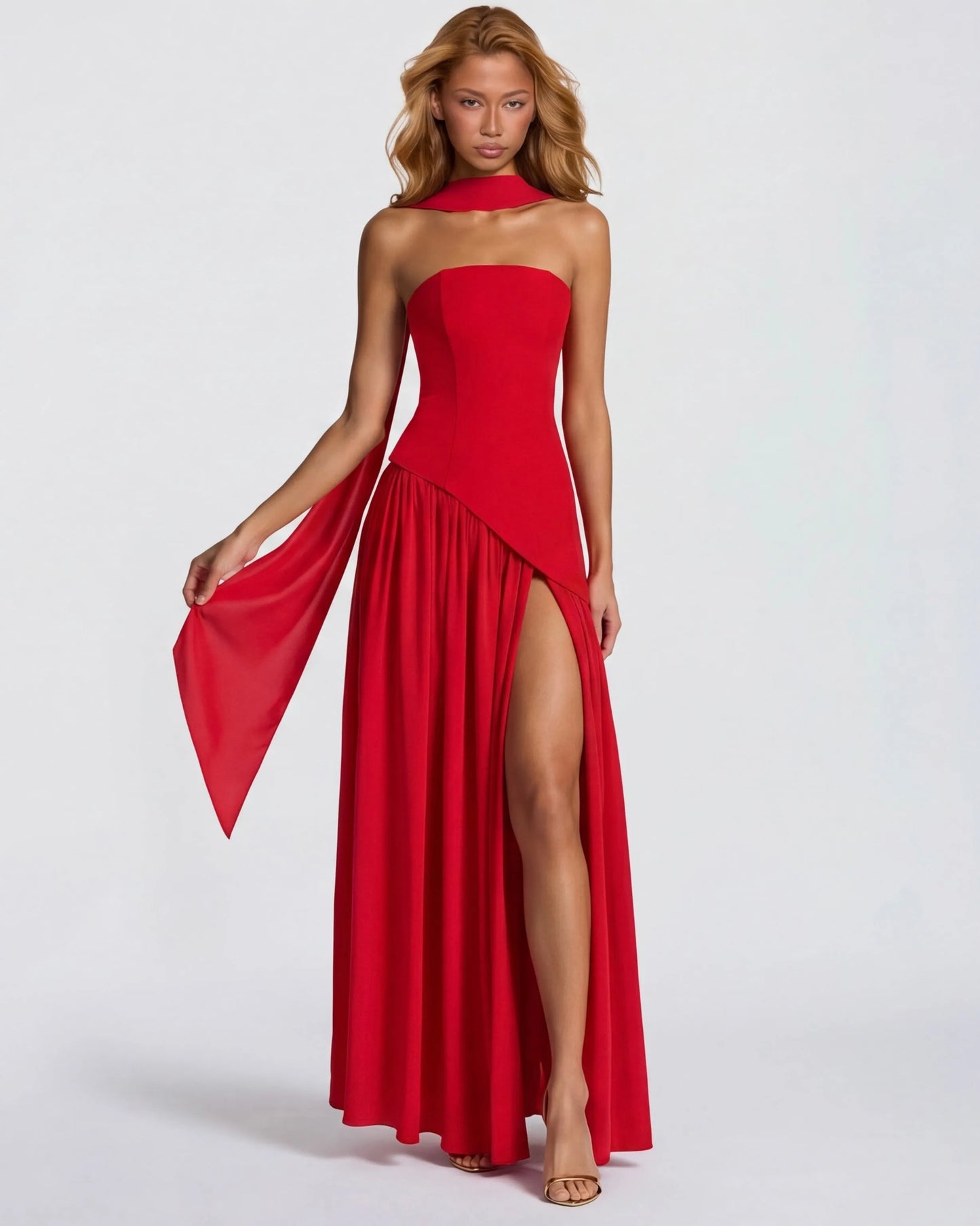 Women's Elegant Strapless Maxi Wedding Guest Dress with Slit