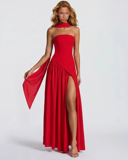 Women's Elegant Strapless Maxi Wedding Guest Dress with Slit