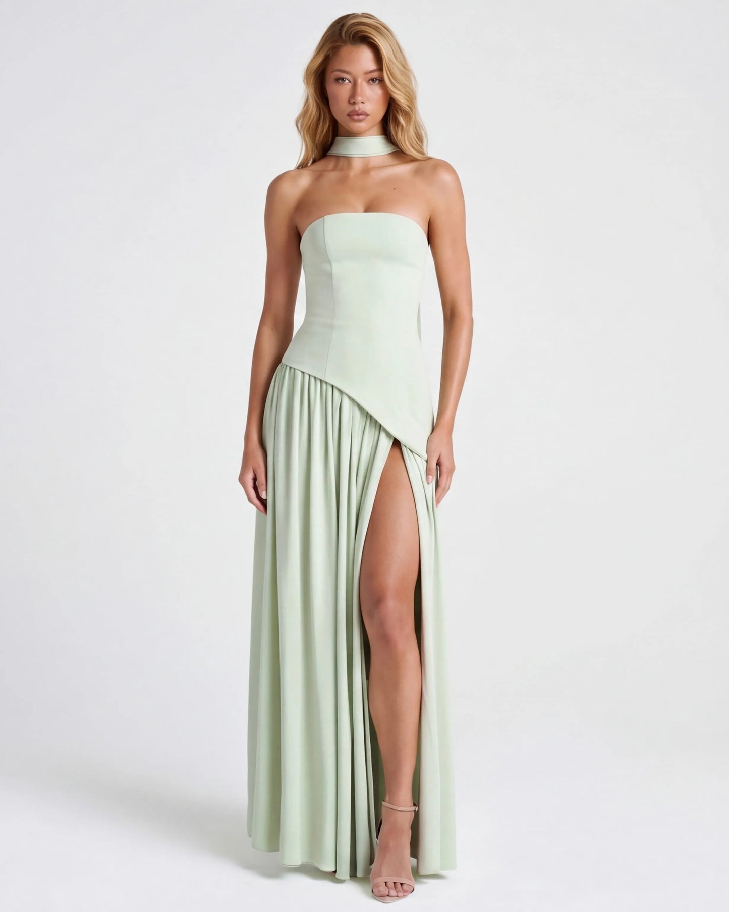 Women's Elegant Strapless Maxi Wedding Guest Dress with Slit