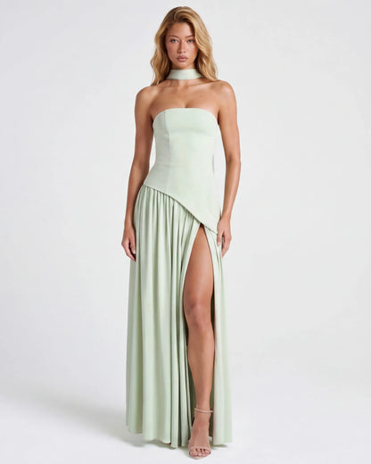 Women's Elegant Strapless Maxi Wedding Guest Dress with Slit
