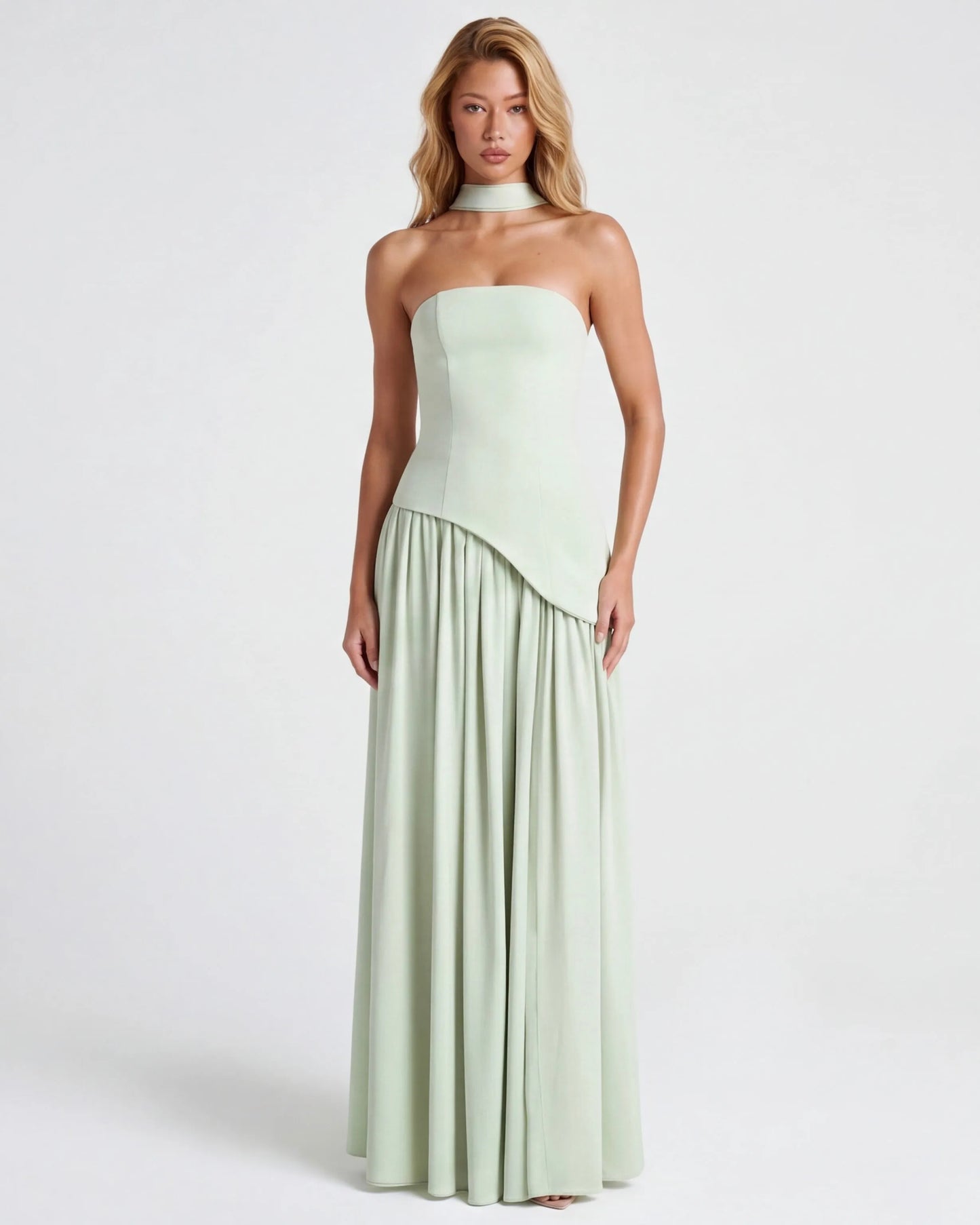 Women's Elegant Strapless Maxi Wedding Guest Dress with Slit