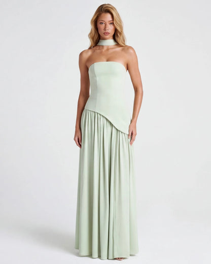 Women's Elegant Strapless Maxi Wedding Guest Dress with Slit