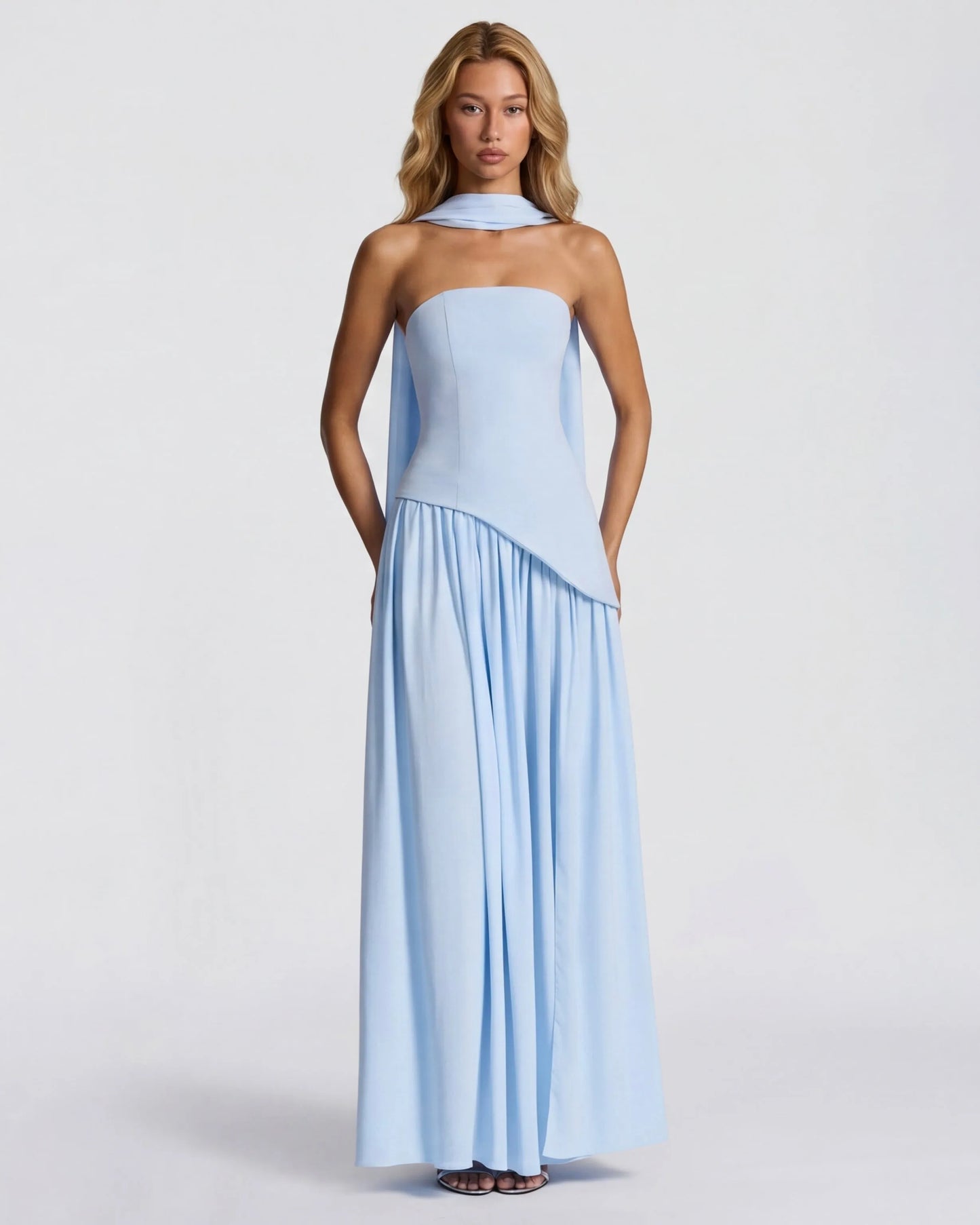 Women's Elegant Strapless Maxi Wedding Guest Dress with Slit