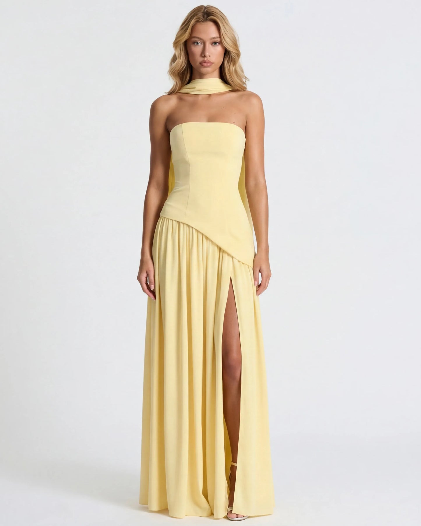 Women's Elegant Strapless Maxi Wedding Guest Dress with Slit