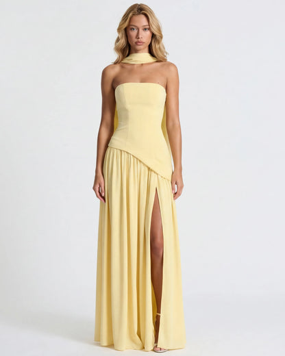 Women's Elegant Strapless Maxi Wedding Guest Dress with Slit
