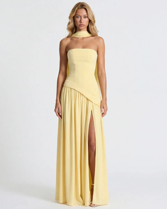 Women's Elegant Strapless Maxi Wedding Guest Dress with Slit