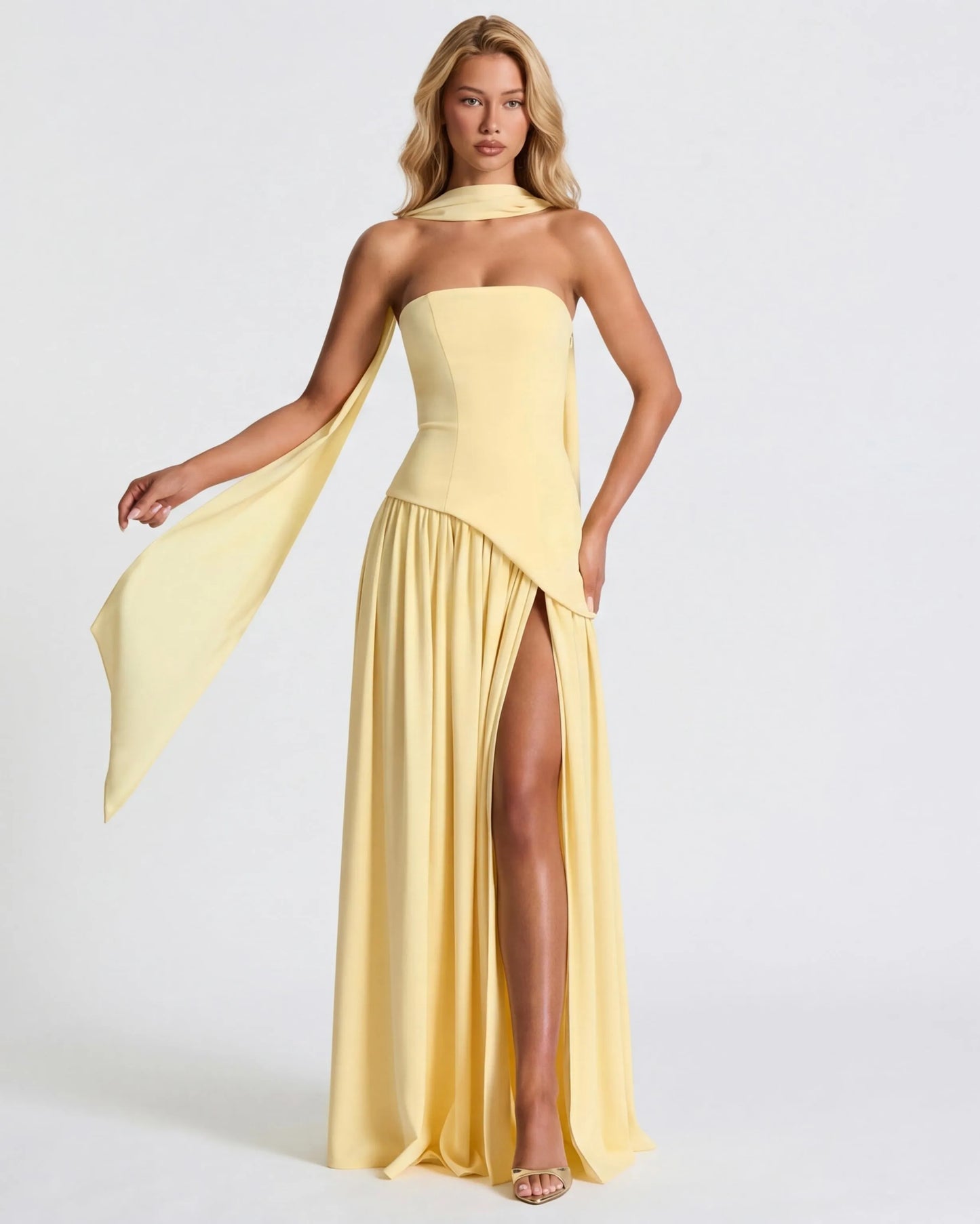 Women's Elegant Strapless Maxi Wedding Guest Dress with Slit