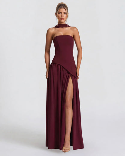 Women's Elegant Strapless Maxi Wedding Guest Dress with Slit