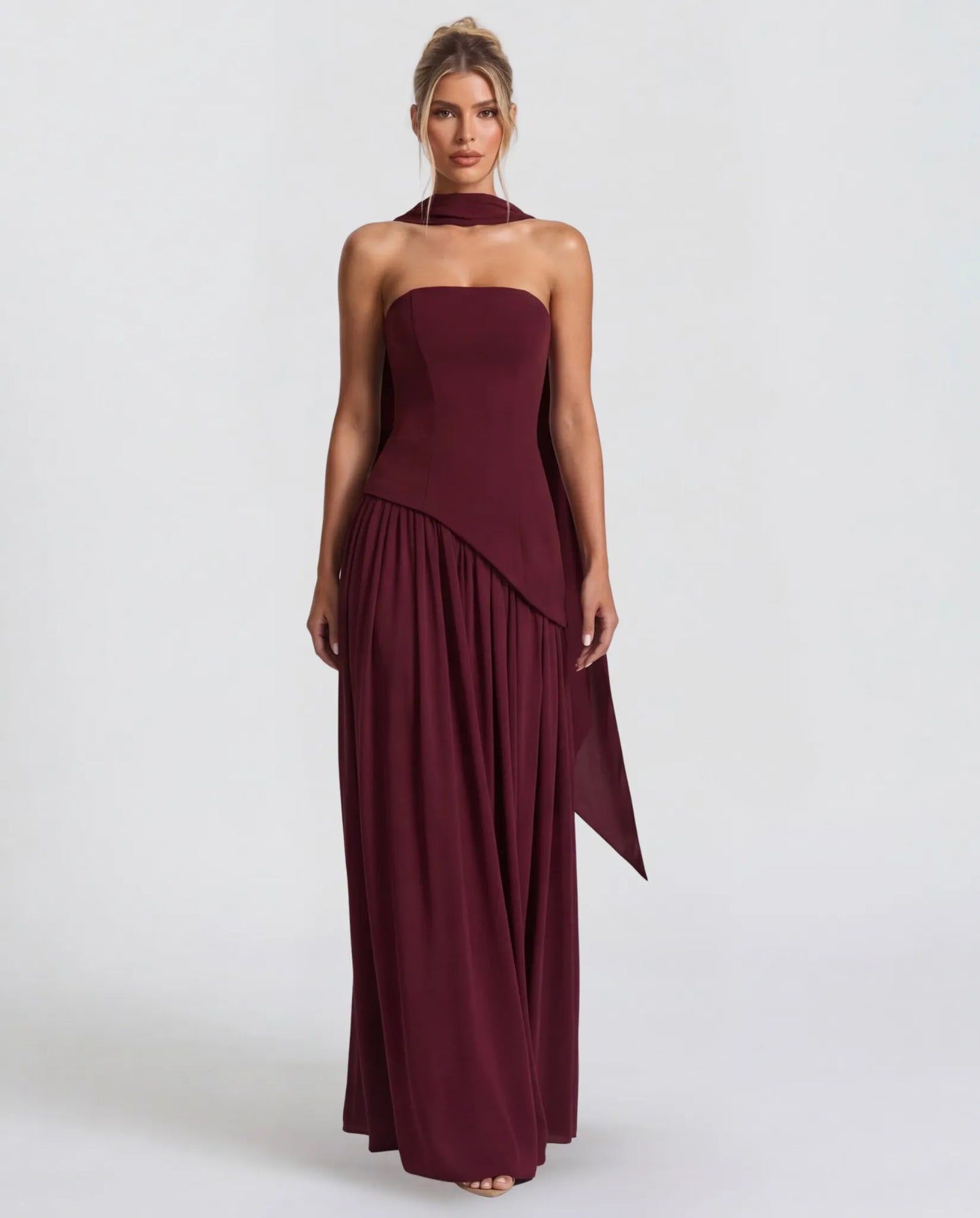 Women's Elegant Strapless Maxi Wedding Guest Dress with Slit