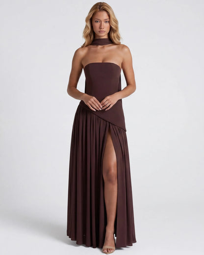 Women's Elegant Strapless Maxi Wedding Guest Dress with Slit