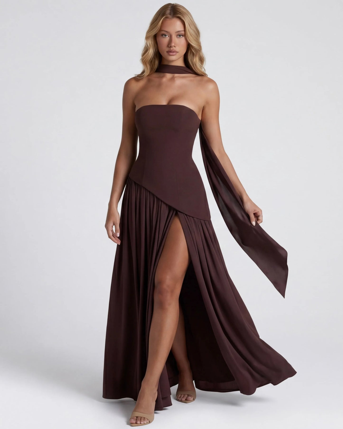 Women's Elegant Strapless Maxi Wedding Guest Dress with Slit