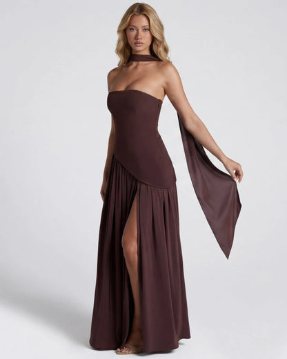 Women's Elegant Strapless Maxi Wedding Guest Dress with Slit