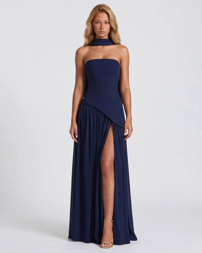 Women's Elegant Strapless Maxi Wedding Guest Dress with Slit