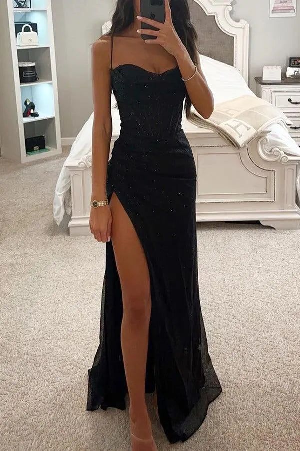 Women's Elegant Sweetheart Neckline Maxi Wedding Guest Dress with Slit