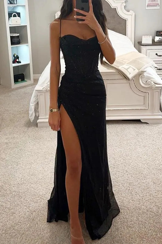Women's Elegant Sweetheart Neckline Maxi Wedding Guest Dress with Slit