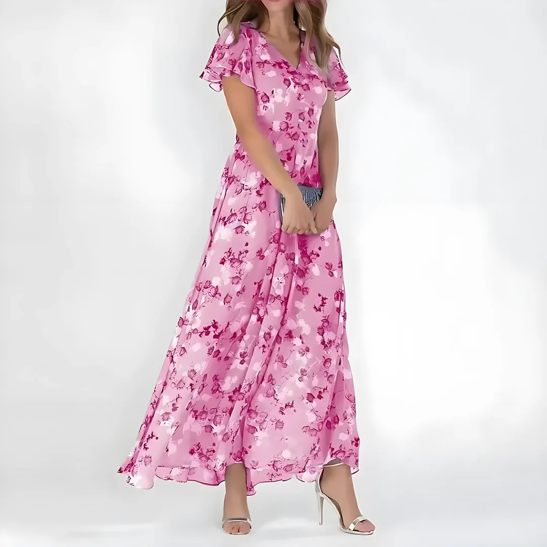 Women's Elegant V-Neck Maxi Wedding Guest Dress with Flutter Sleeve