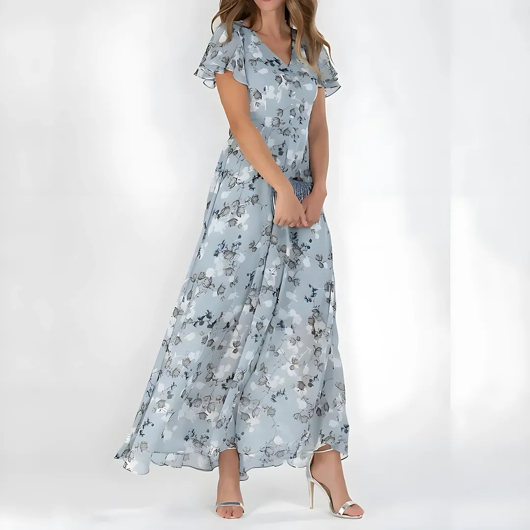 Women's Elegant V-Neck Maxi Wedding Guest Dress with Flutter Sleeve