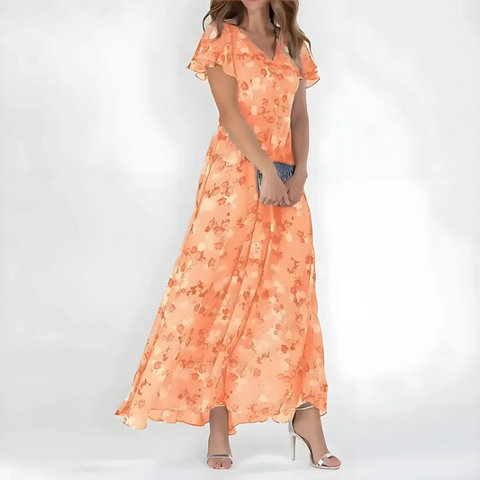 Women's Elegant V-Neck Maxi Wedding Guest Dress with Flutter Sleeve