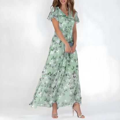 Women's Elegant V-Neck Maxi Wedding Guest Dress with Flutter Sleeve