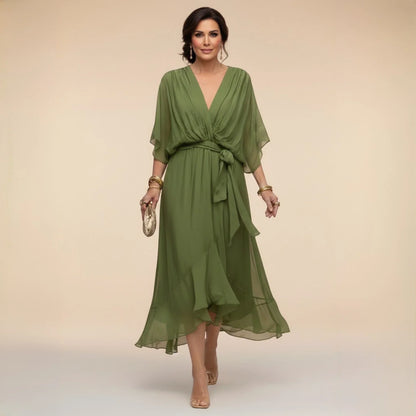 Women’s Elegant V-Neck Midi Wedding Guest Dress with Draped Waist