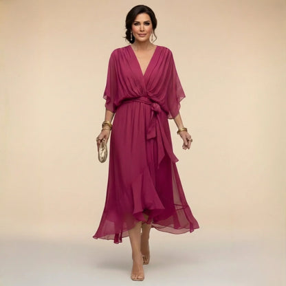 Women’s Elegant V-Neck Midi Wedding Guest Dress with Draped Waist