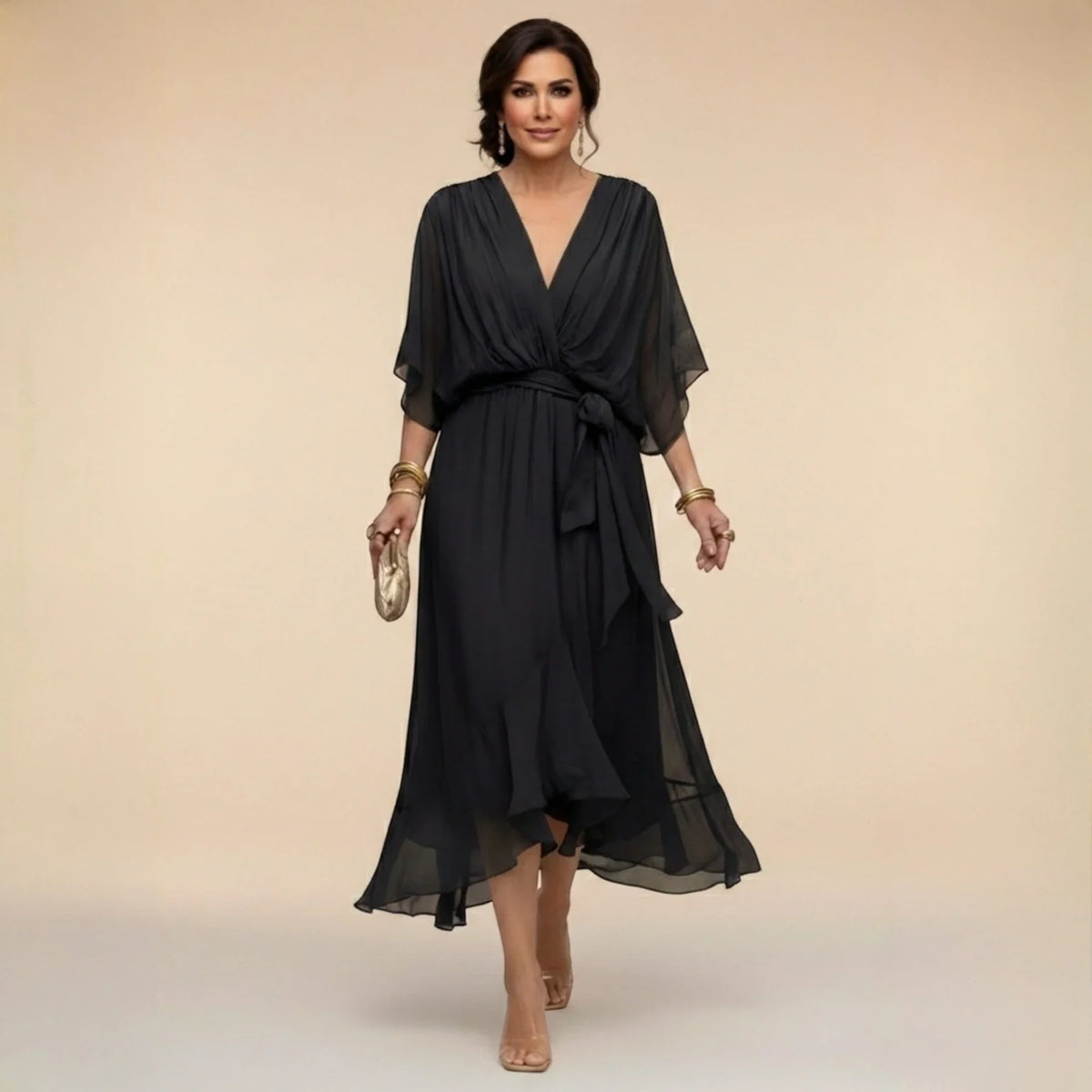 Women’s Elegant V-Neck Midi Wedding Guest Dress with Draped Waist