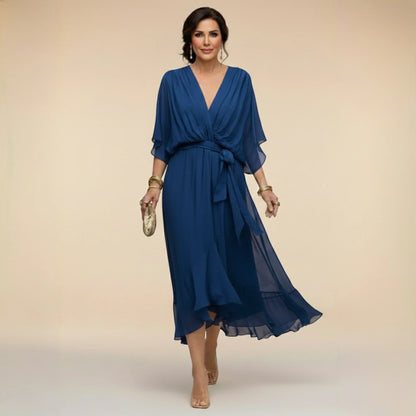 Women’s Elegant V-Neck Midi Wedding Guest Dress with Draped Waist