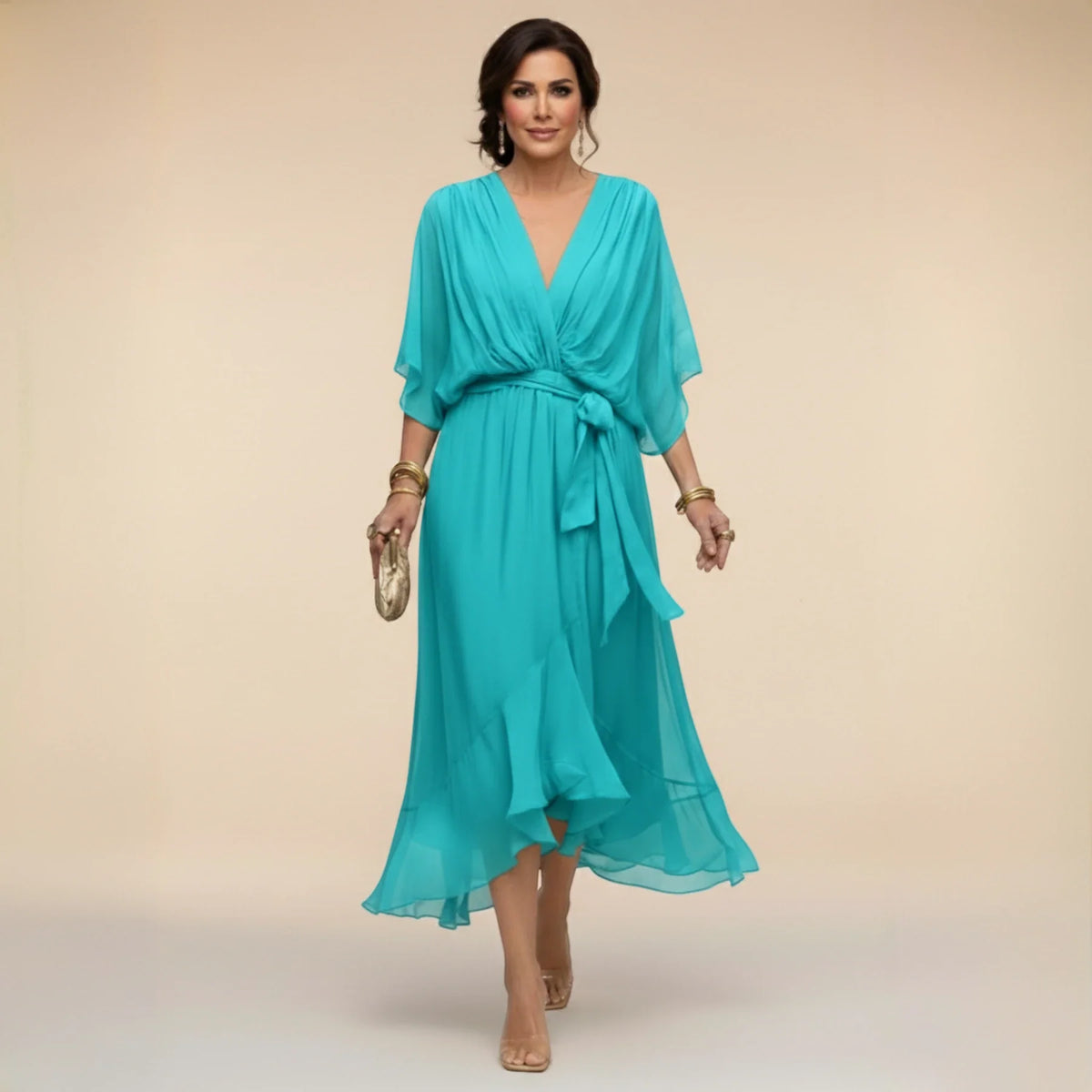 Women’s Elegant V-Neck Midi Wedding Guest Dress with Draped Waist