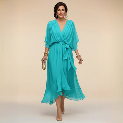 Women’s Elegant V-Neck Midi Wedding Guest Dress with Draped Waist