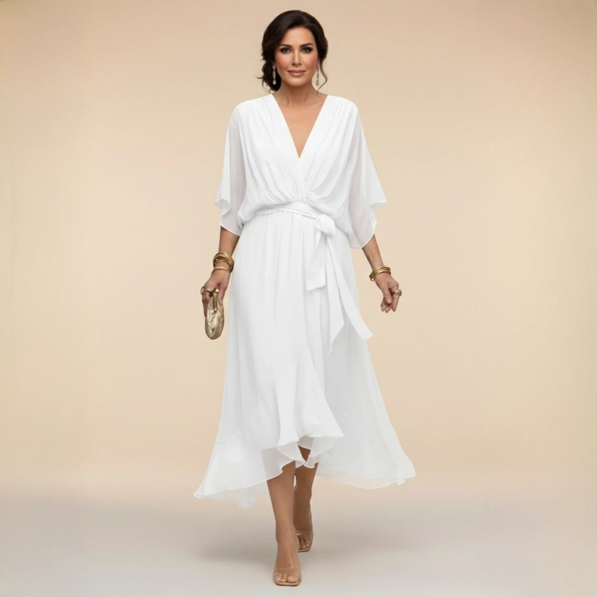 Women’s Elegant V-Neck Midi Wedding Guest Dress with Draped Waist