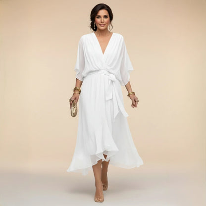 Women’s Elegant V-Neck Midi Wedding Guest Dress with Draped Waist