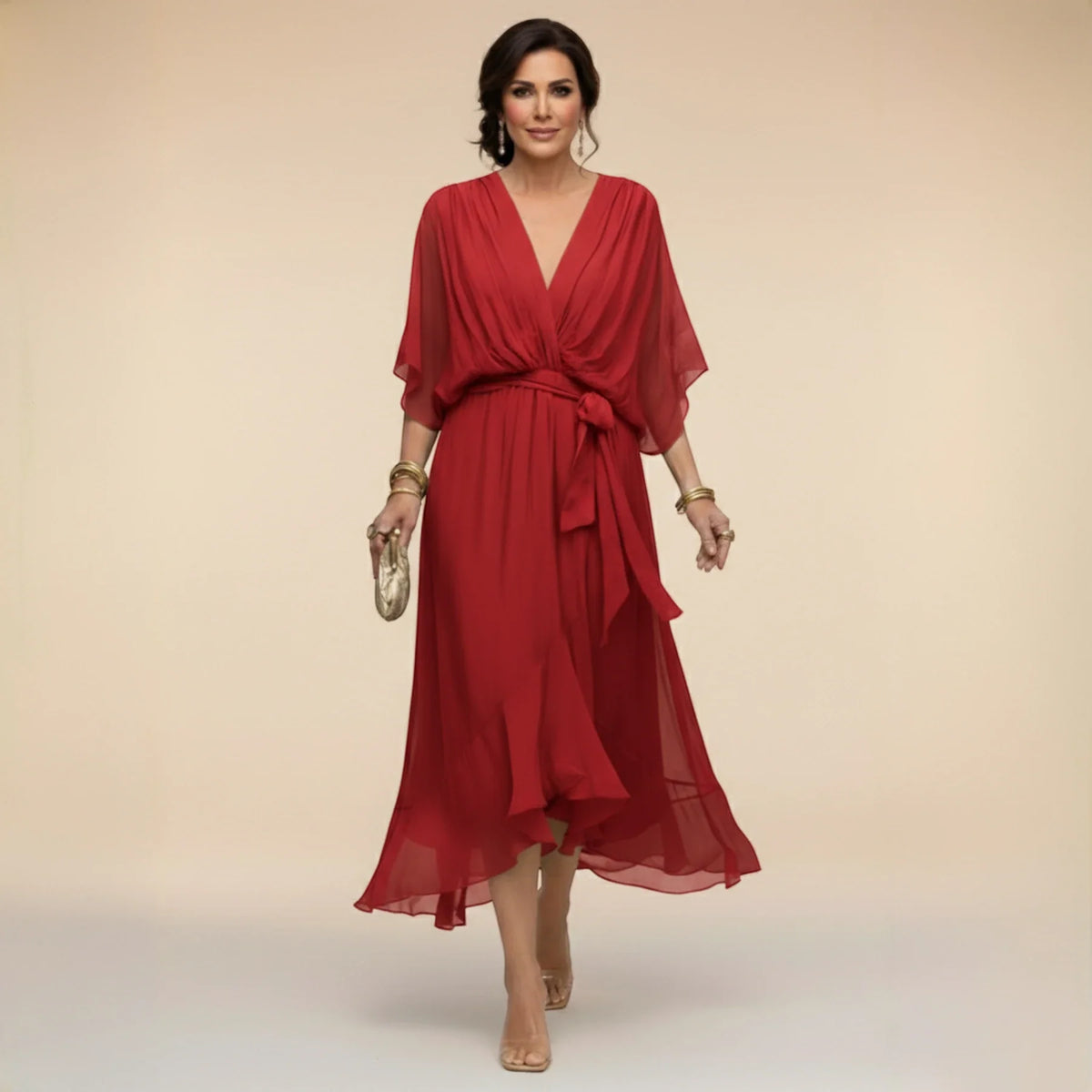 Women’s Elegant V-Neck Midi Wedding Guest Dress with Draped Waist