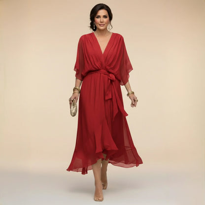 Women’s Elegant V-Neck Midi Wedding Guest Dress with Draped Waist