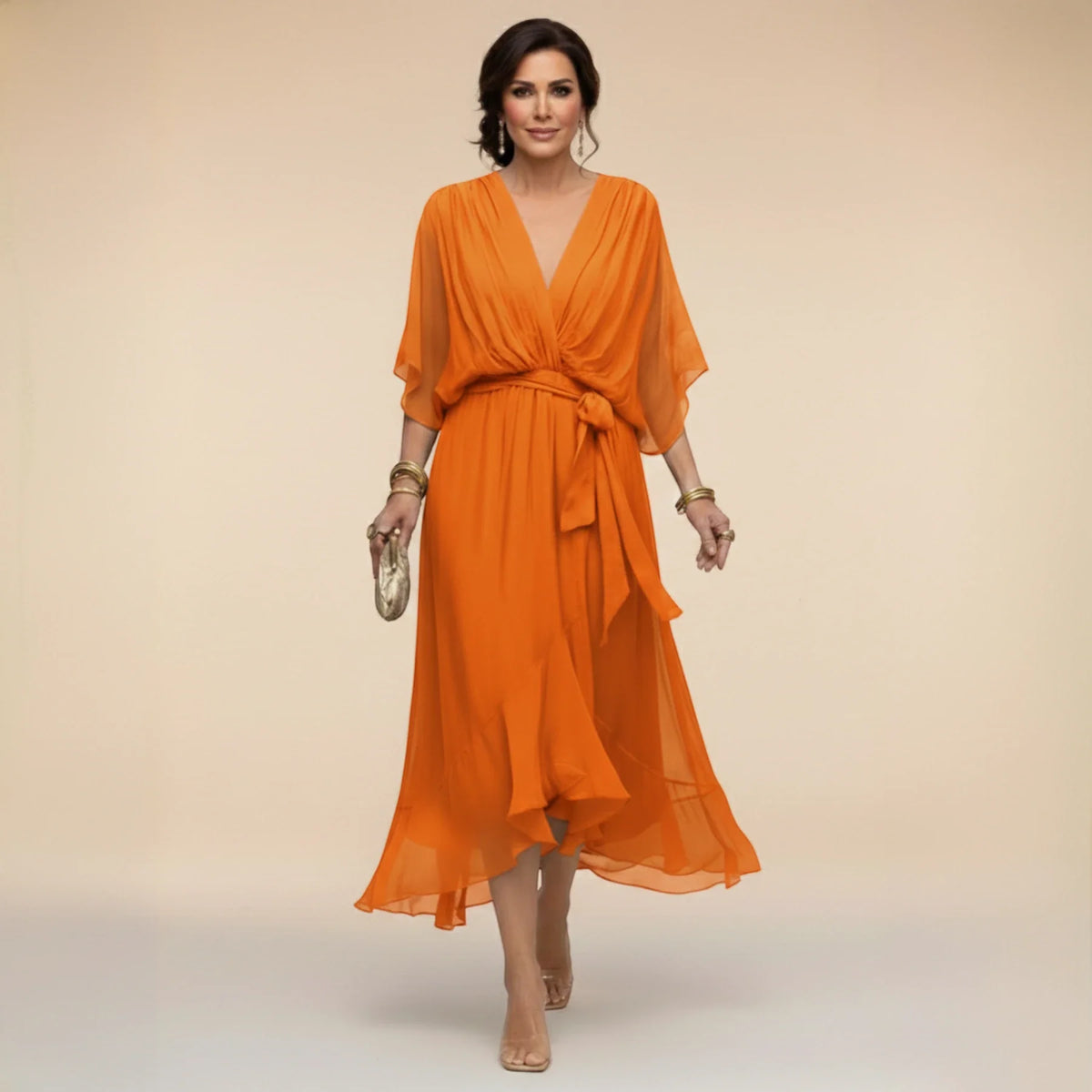 Women’s Elegant V-Neck Midi Wedding Guest Dress with Draped Waist