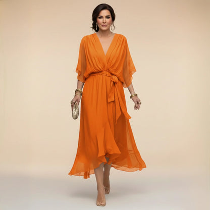 Women’s Elegant V-Neck Midi Wedding Guest Dress with Draped Waist