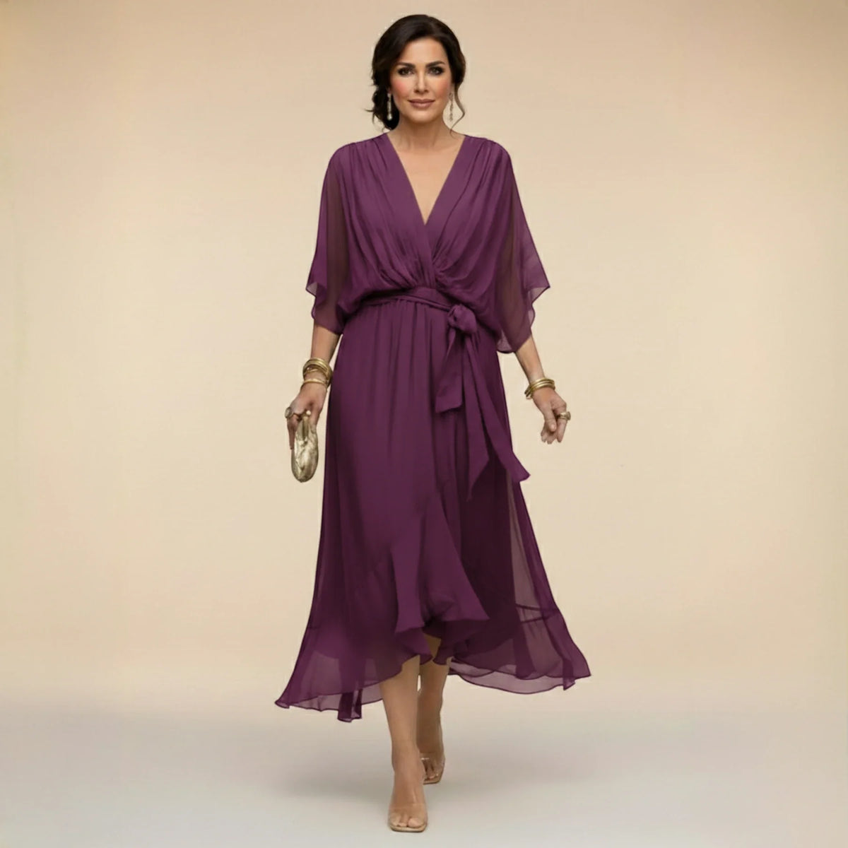Women’s Elegant V-Neck Midi Wedding Guest Dress with Draped Waist