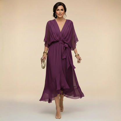 Women’s Elegant V-Neck Midi Wedding Guest Dress with Draped Waist