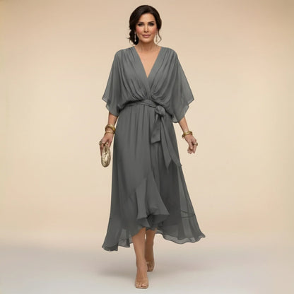 Women’s Elegant V-Neck Midi Wedding Guest Dress with Draped Waist