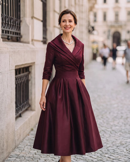 Women’s Elegant Vintage Midi Wedding Guest Dress with V-Neck